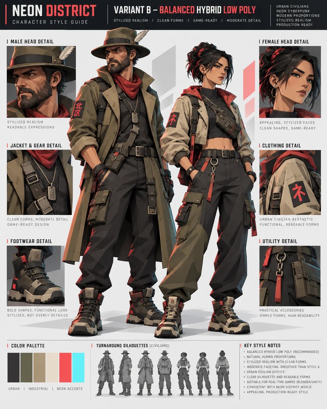 Character Style Guide Variante B mit Kopf-, Kleidungs- und Schuhdetails