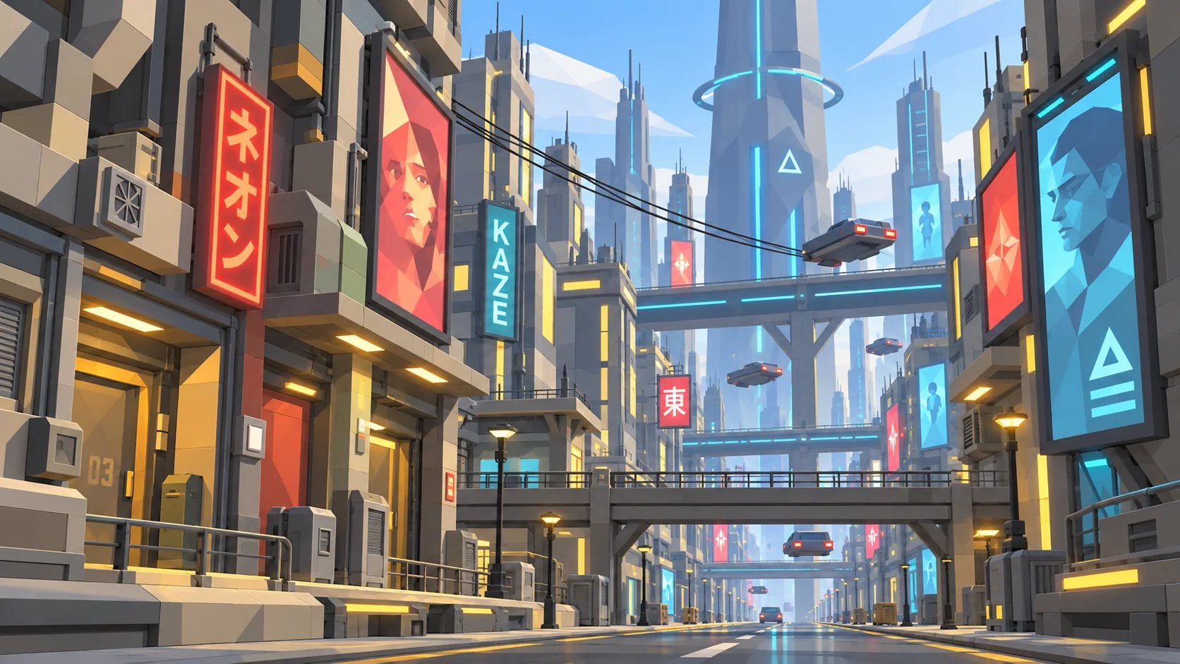 Stilisierte Cyberpunk-Stadt mit Brücken und Neonwerbung