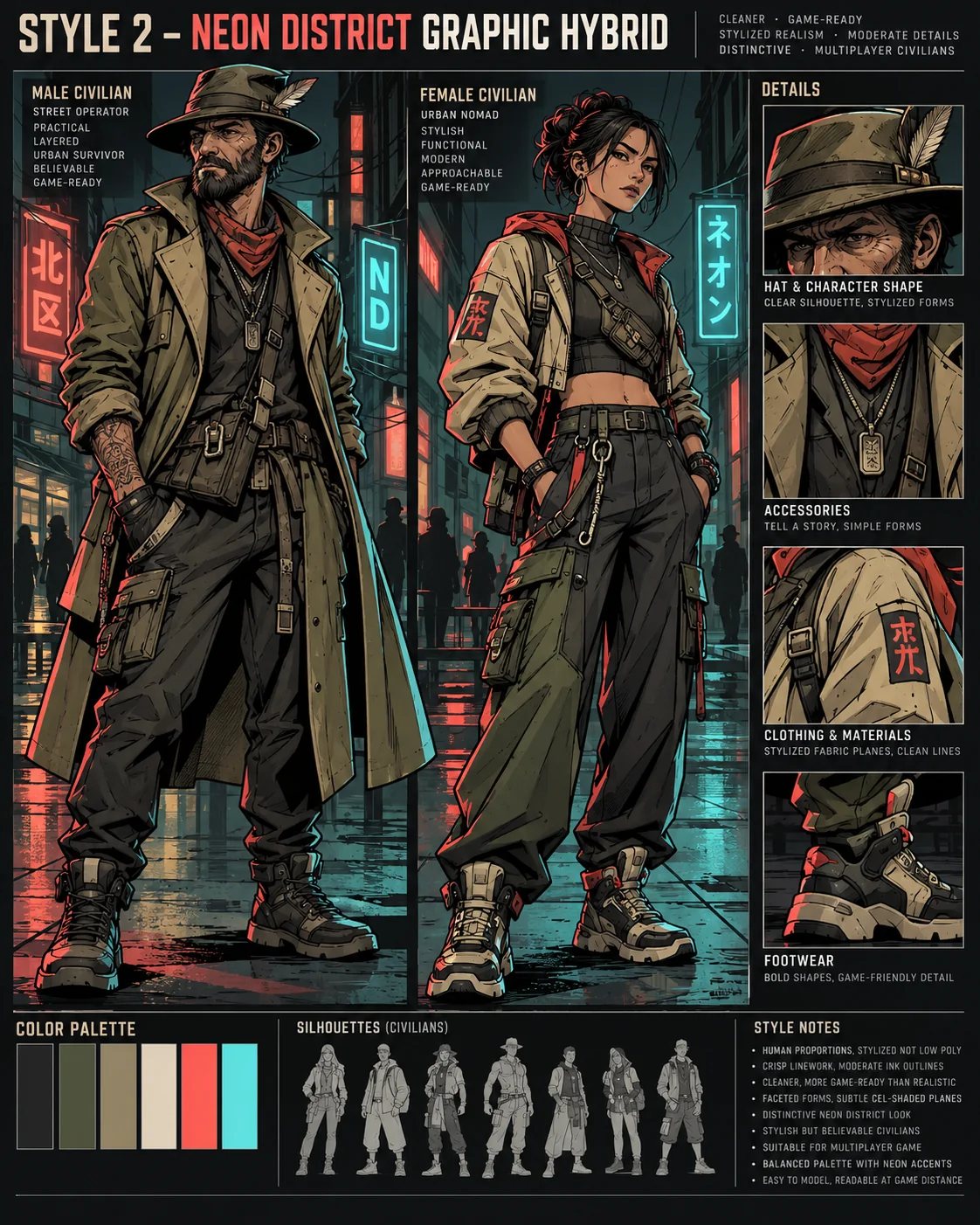 Charakterbogen im Comic-Noir-Stil: männliche und weibliche Stadtbewohner mit Details, Farbpalette und Silhouetten