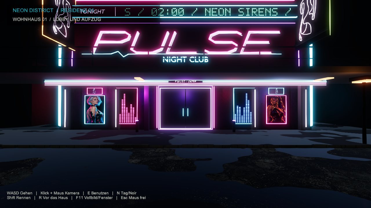 Nachtclub PULSE, Eingang bei Nacht