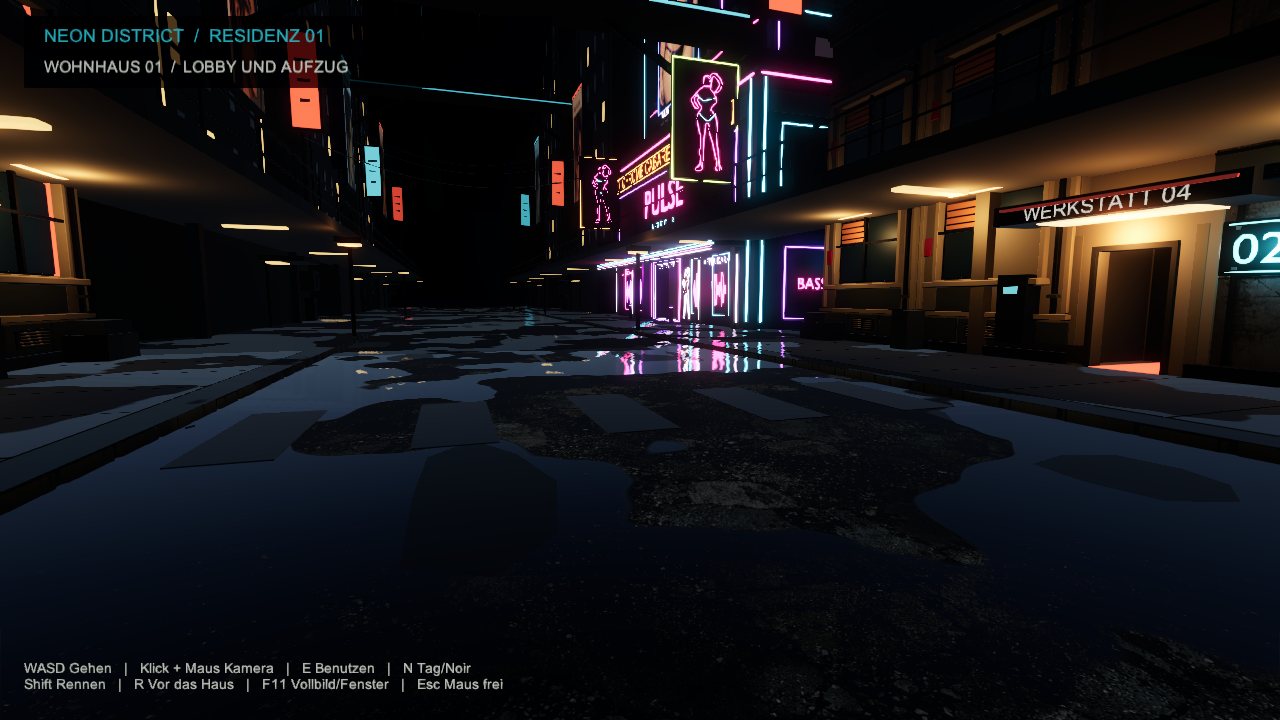Nasse Straße mit Neonspiegelungen