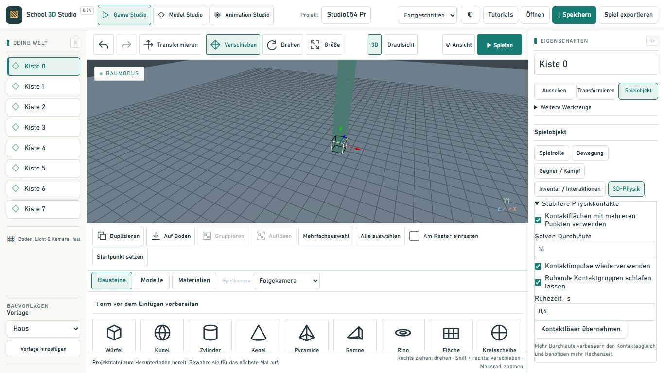 Physik-Einstellungen im Game Studio
